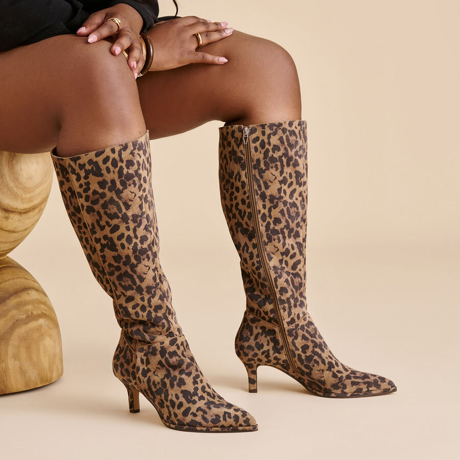 aldy wide calf boots brown leopard printed suede