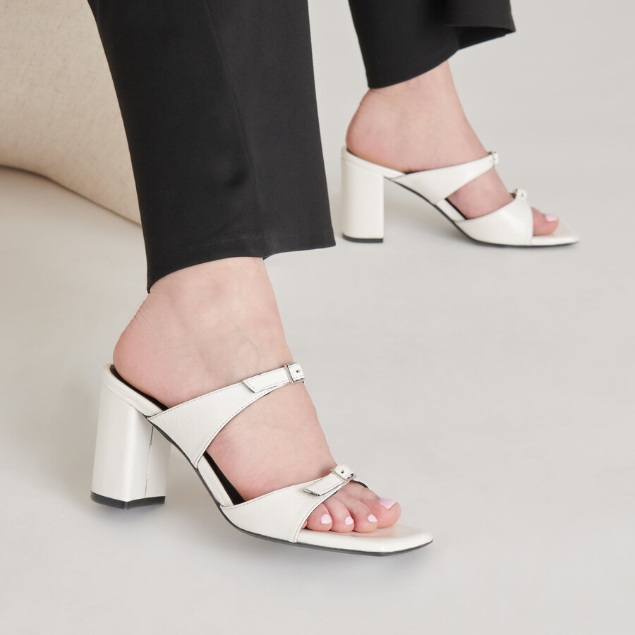 shane heels off white crinkle patent