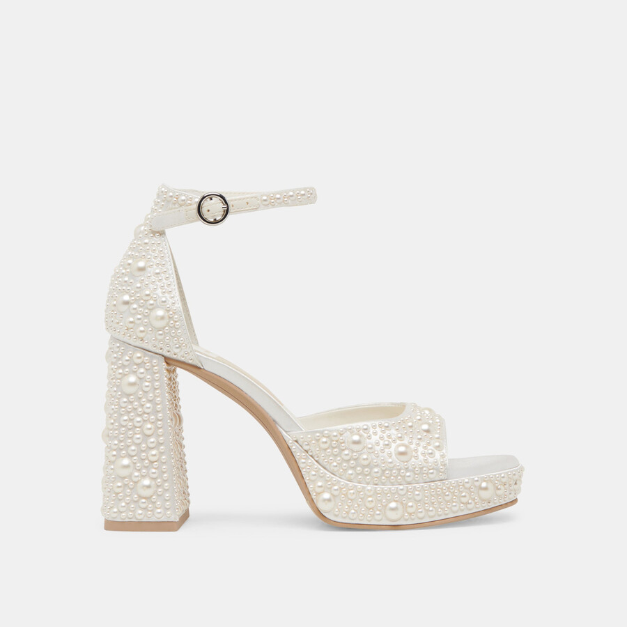 pandro pearl heels true white satin