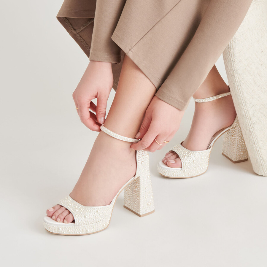 pandro pearl heels true white satin