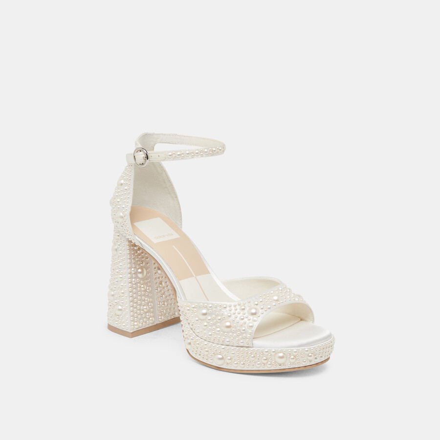 pandro pearl heels true white satin