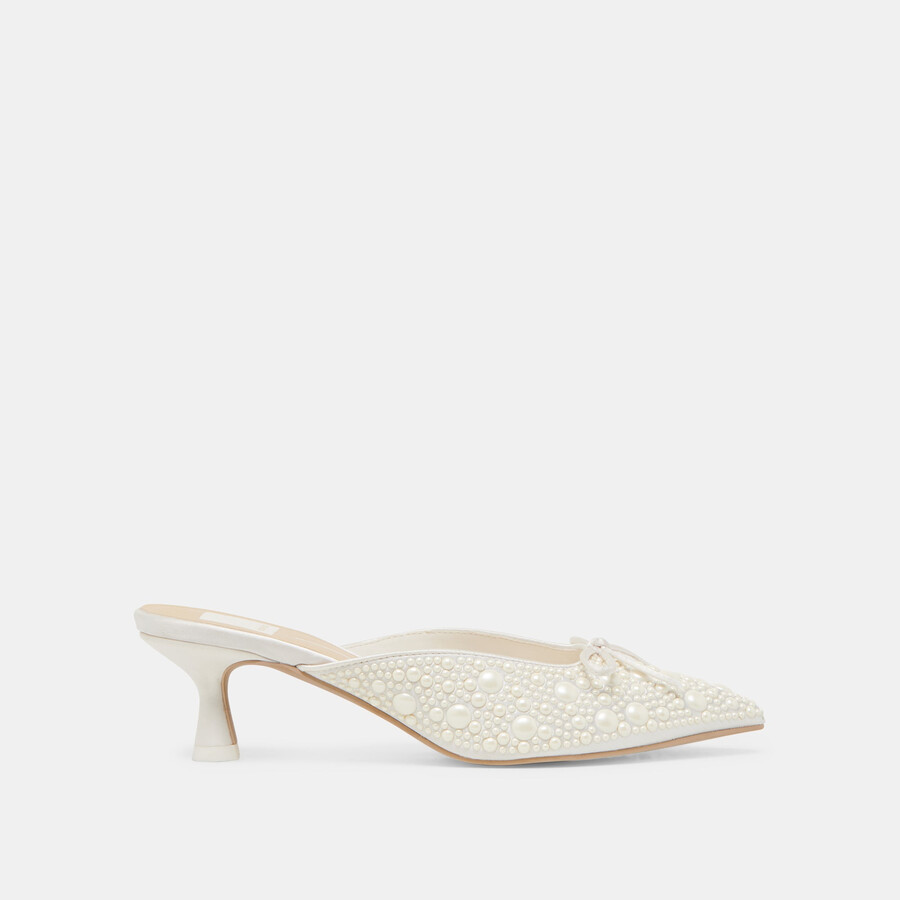 claytn pearl heels true white satin