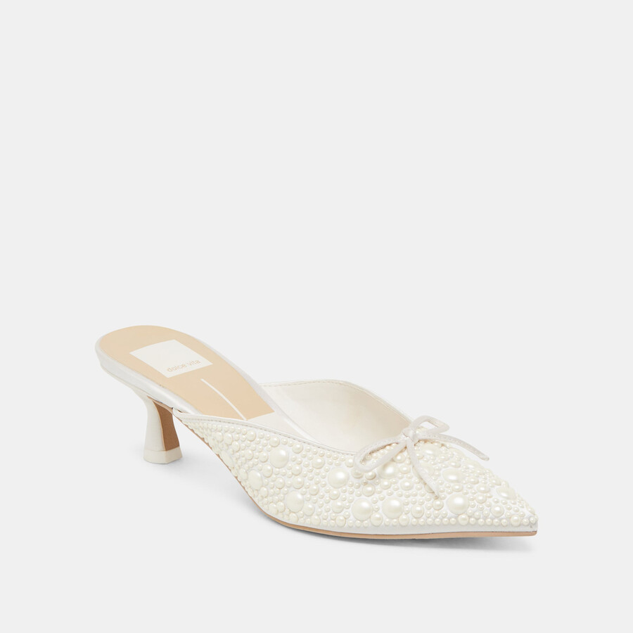 claytn pearl heels true white satin