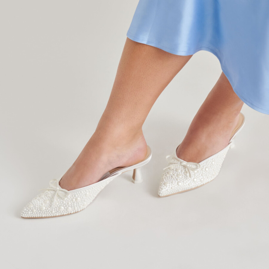 claytn pearl heels true white satin