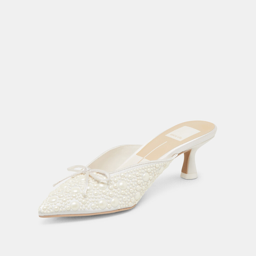 claytn pearl heels true white satin