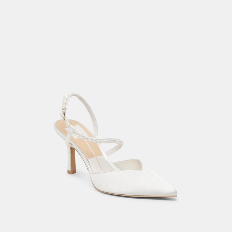 kamra pearl heels true white satin