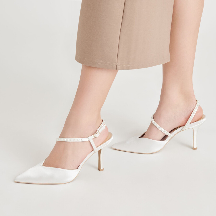 kamra pearl heels true white satin