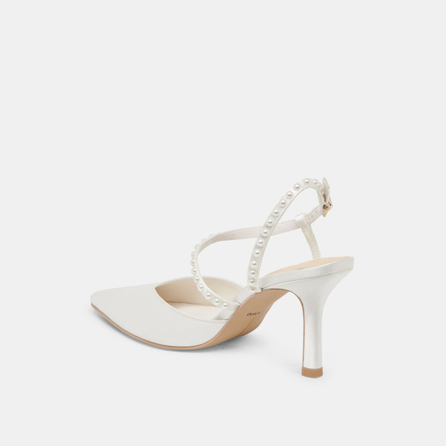 kamra pearl heels true white satin