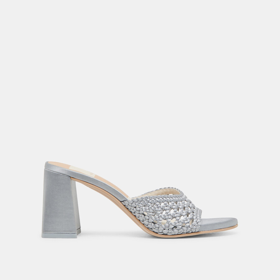 margoe heels light blue woven satin