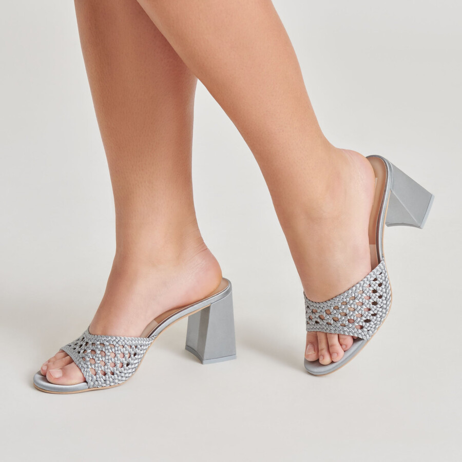 margoe heels light blue woven satin
