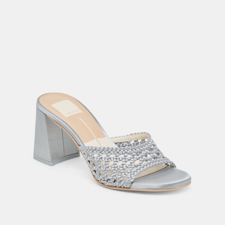 margoe heels light blue woven satin
