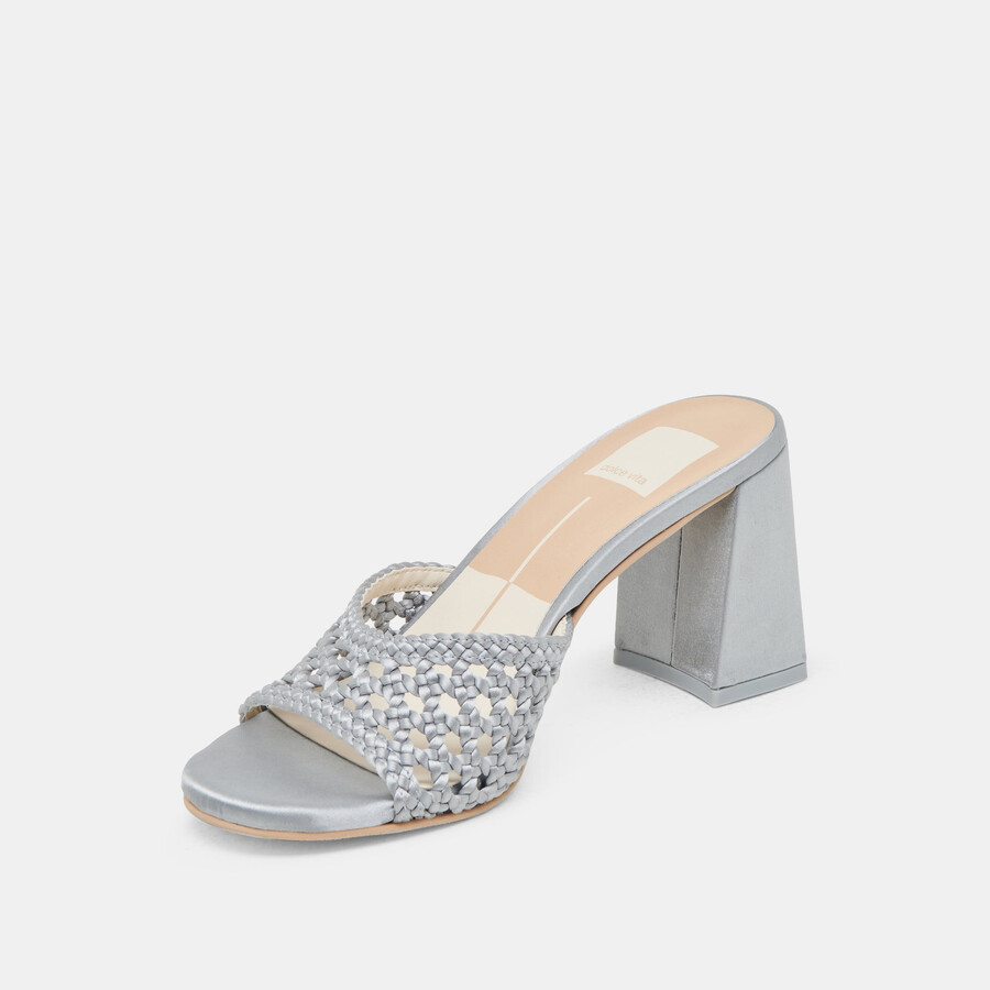 margoe heels light blue woven satin