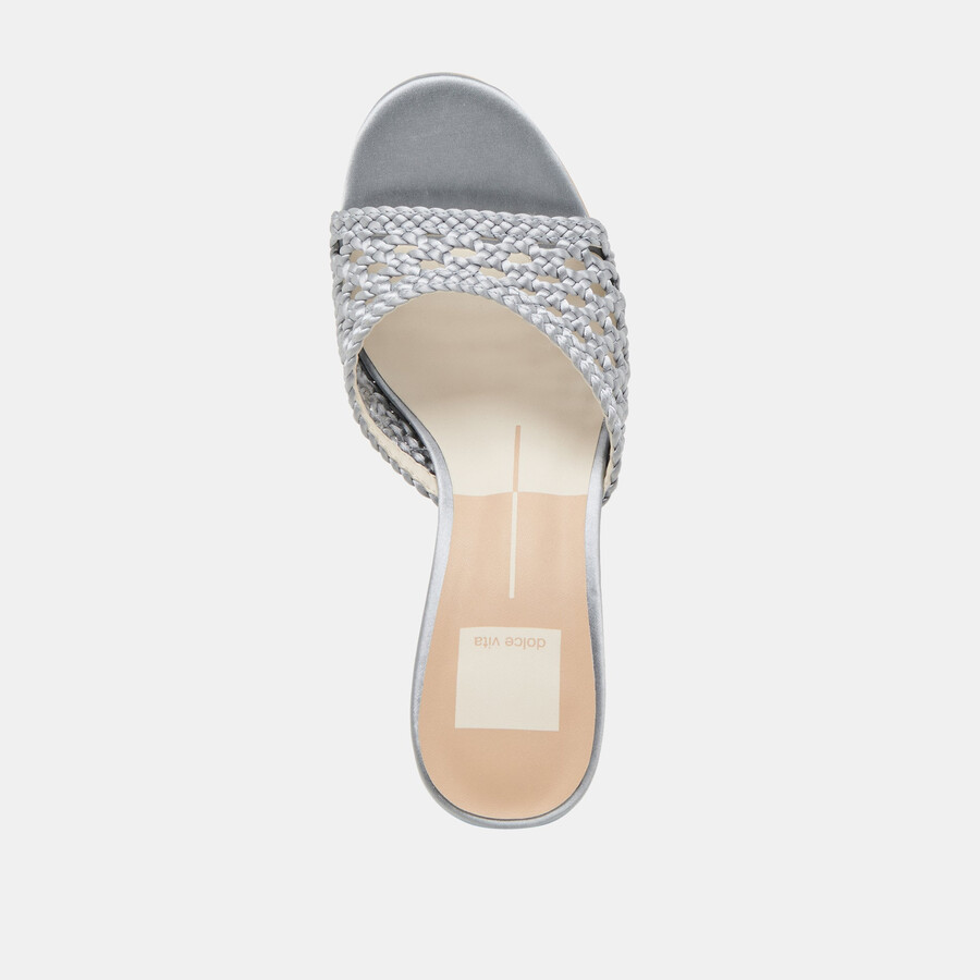 margoe heels light blue woven satin