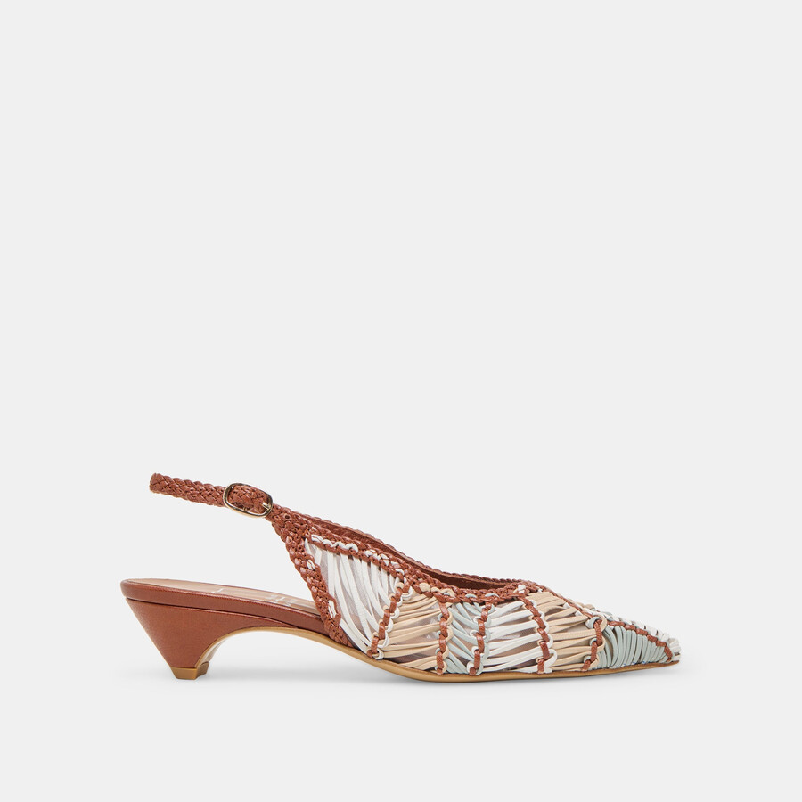 dafney heels tan multi woven leather