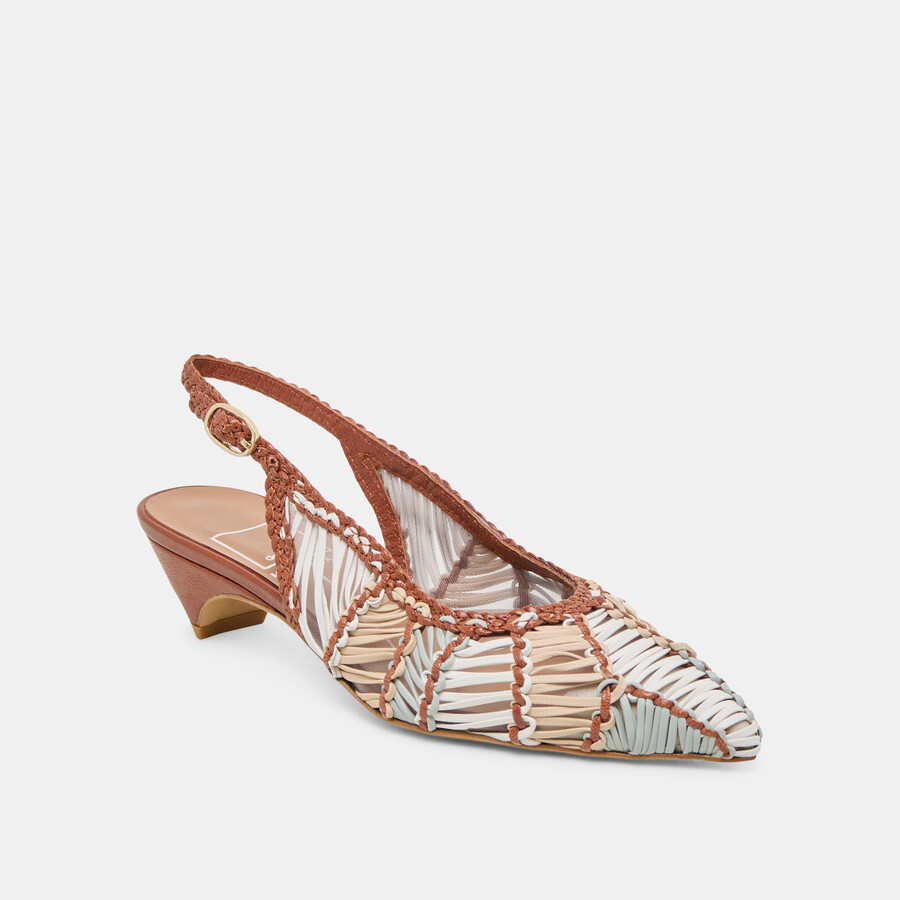 dafney heels tan multi woven leather