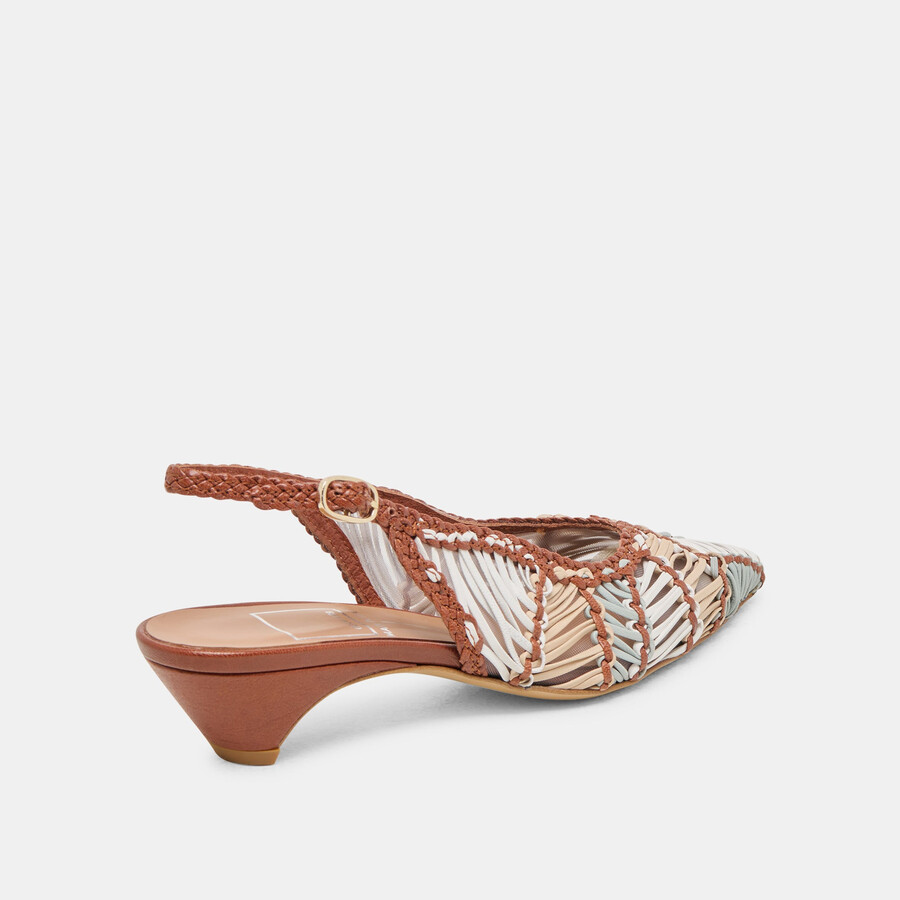 dafney heels tan multi woven leather