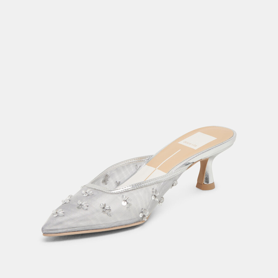 clara wide heels silver mesh
