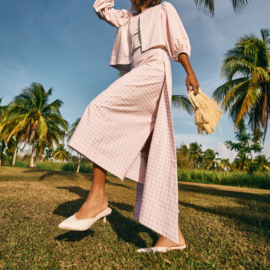 cleo x byrdie golf heels pink floral satin