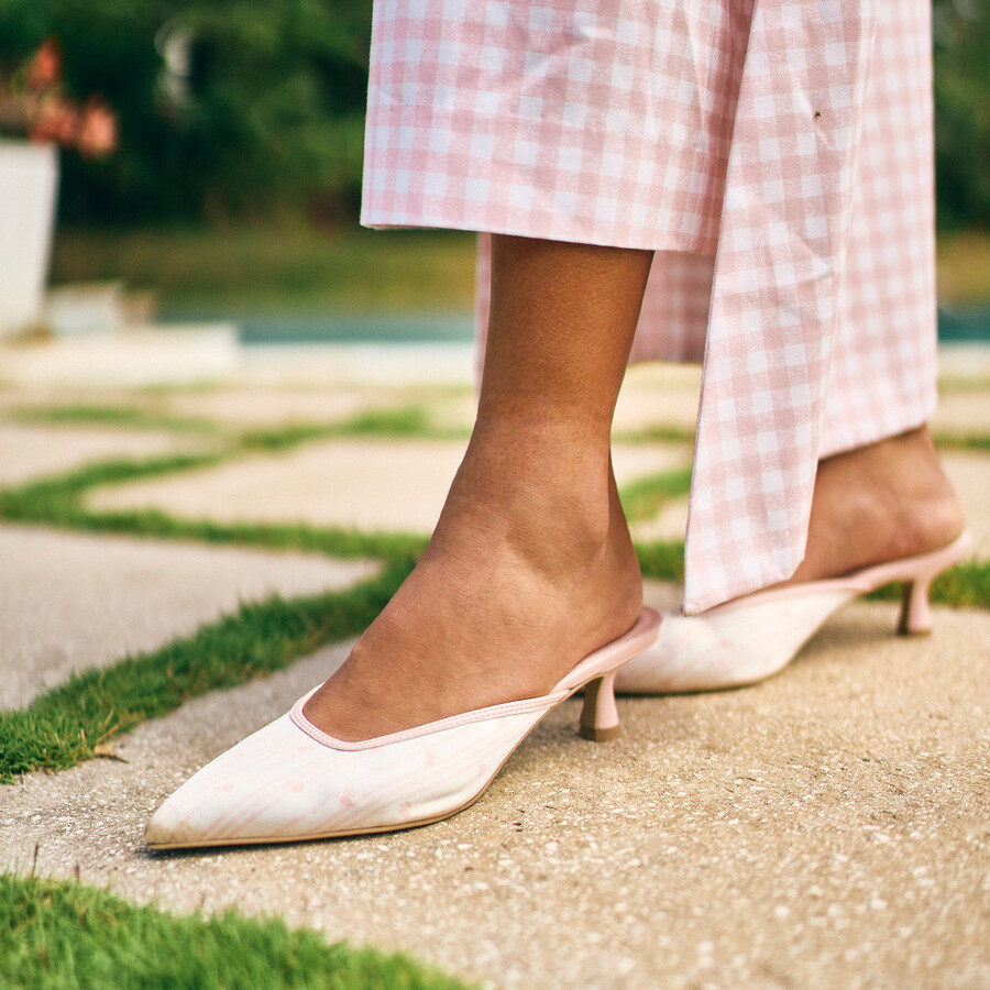 cleo x byrdie golf heels pink floral satin