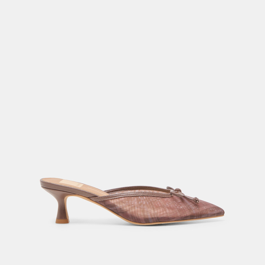 cleo heels cognac plaid mesh