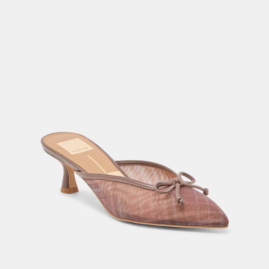 cleo heels cognac plaid mesh