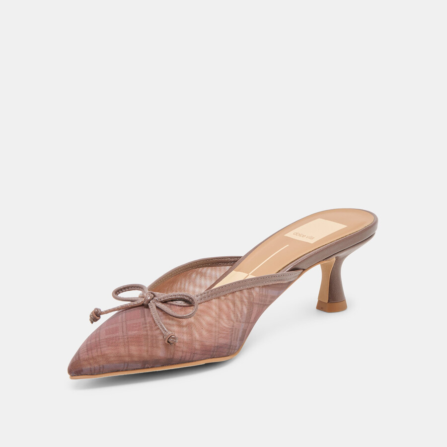 cleo heels cognac plaid mesh