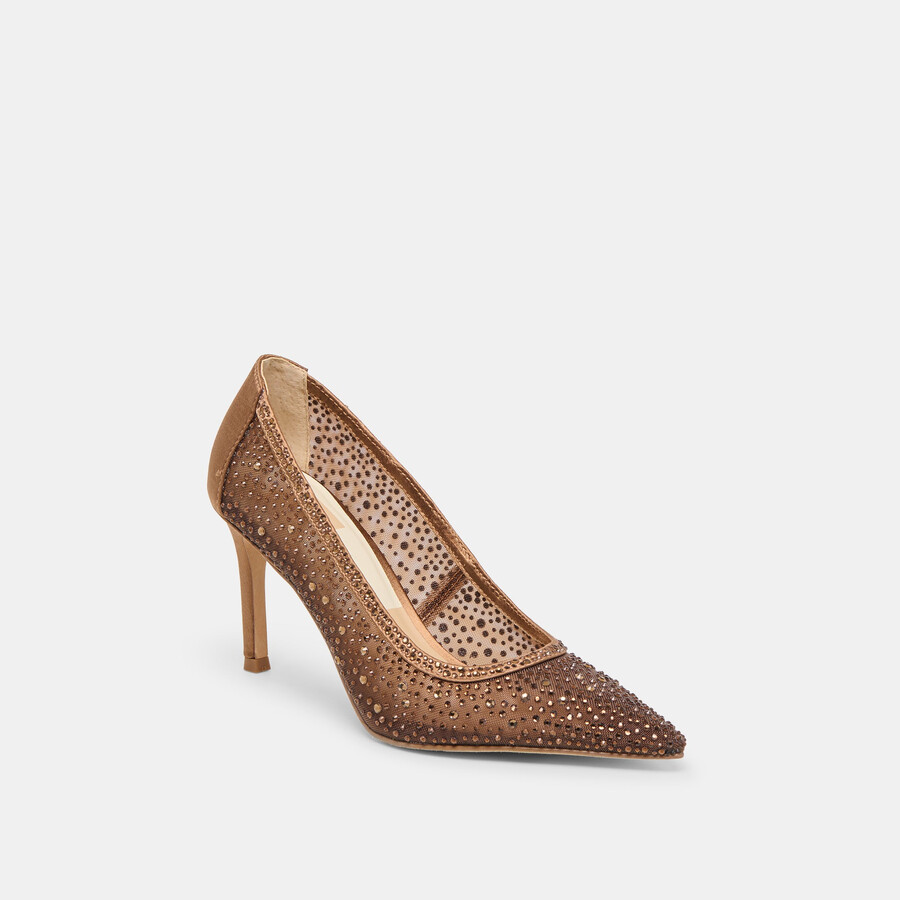kashe crystal heels mid brown mesh