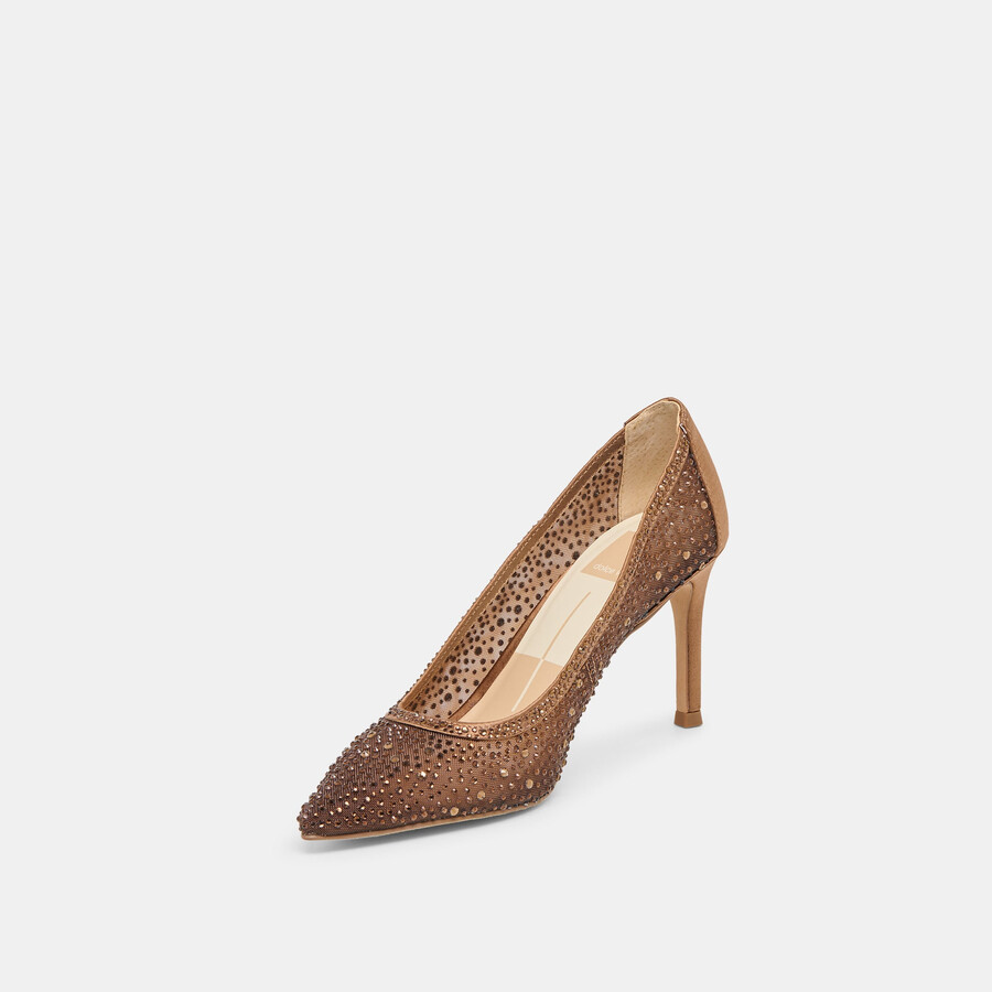 kashe crystal heels mid brown mesh