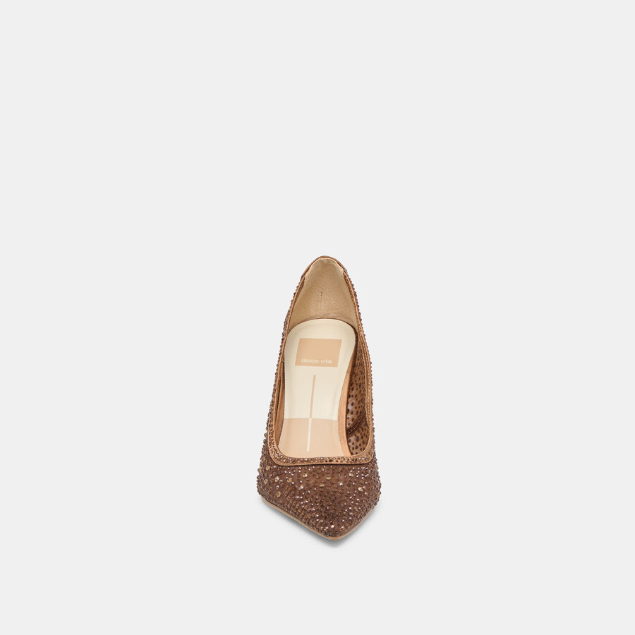 kashe crystal heels mid brown mesh