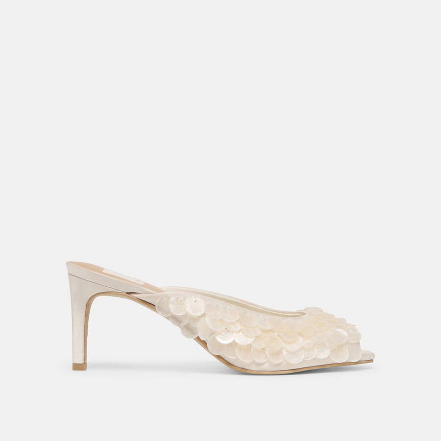 samary confetti heels off white satin