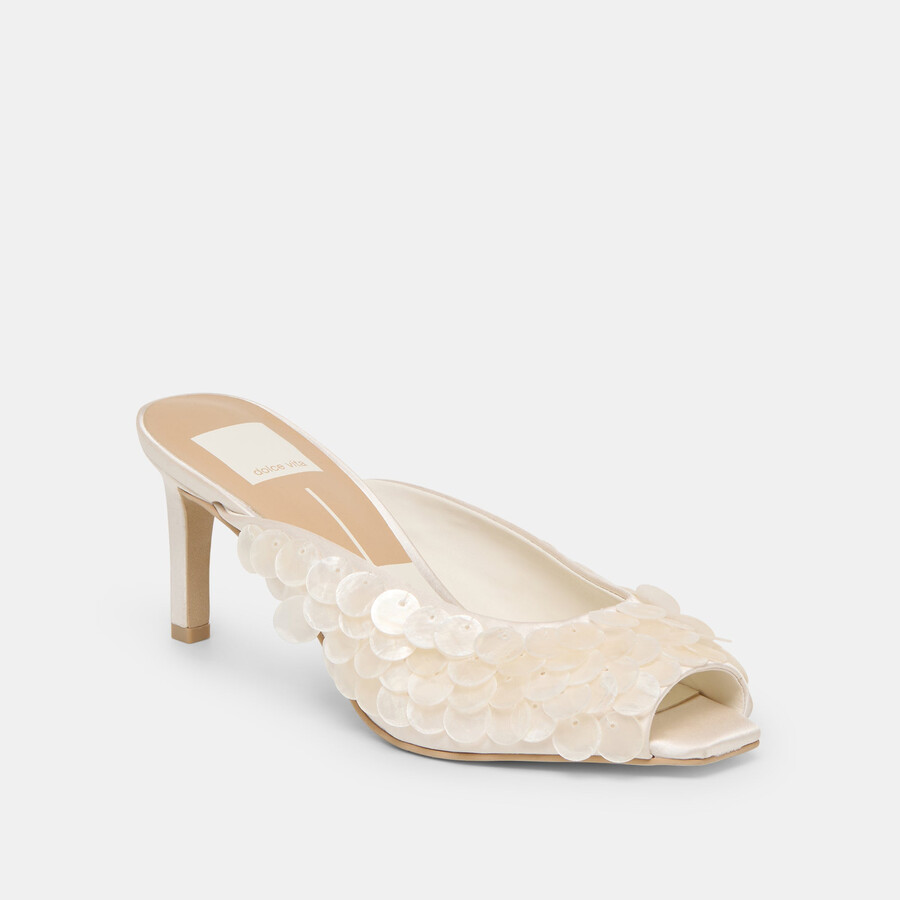 samary confetti heels off white satin