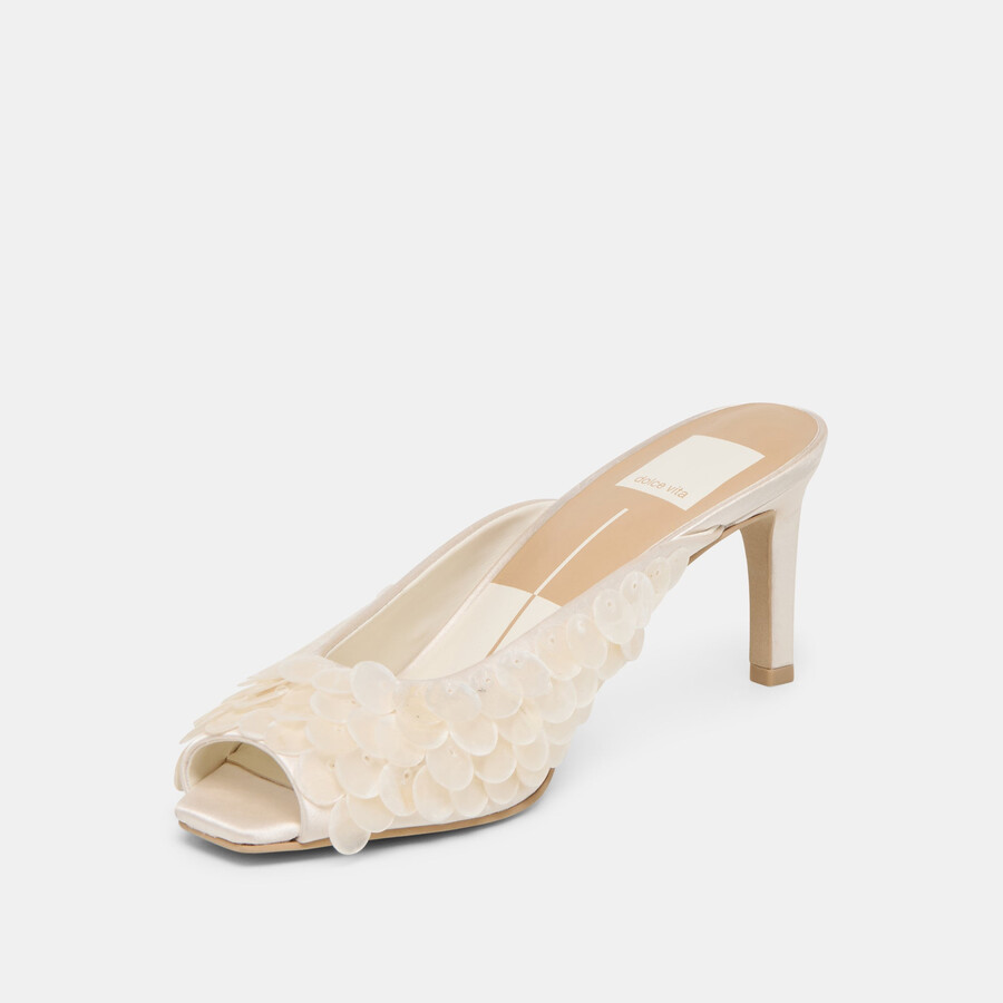samary confetti heels off white satin