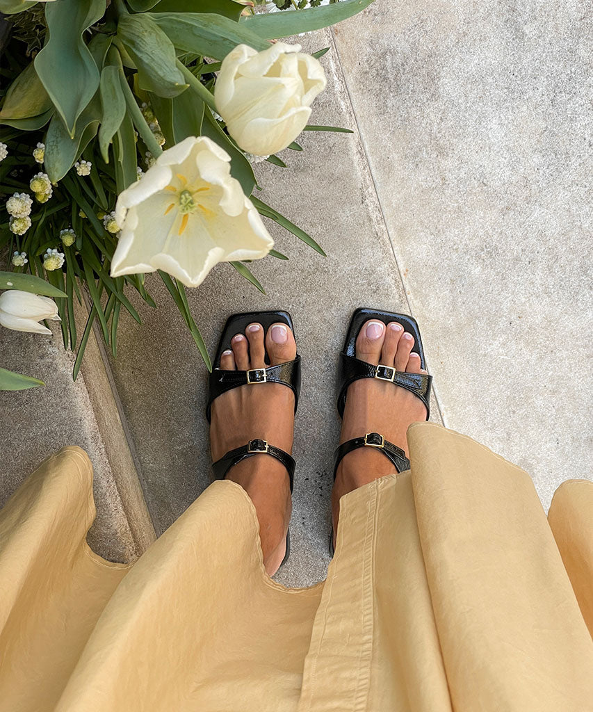 lavern sandals midnight crinkle patent