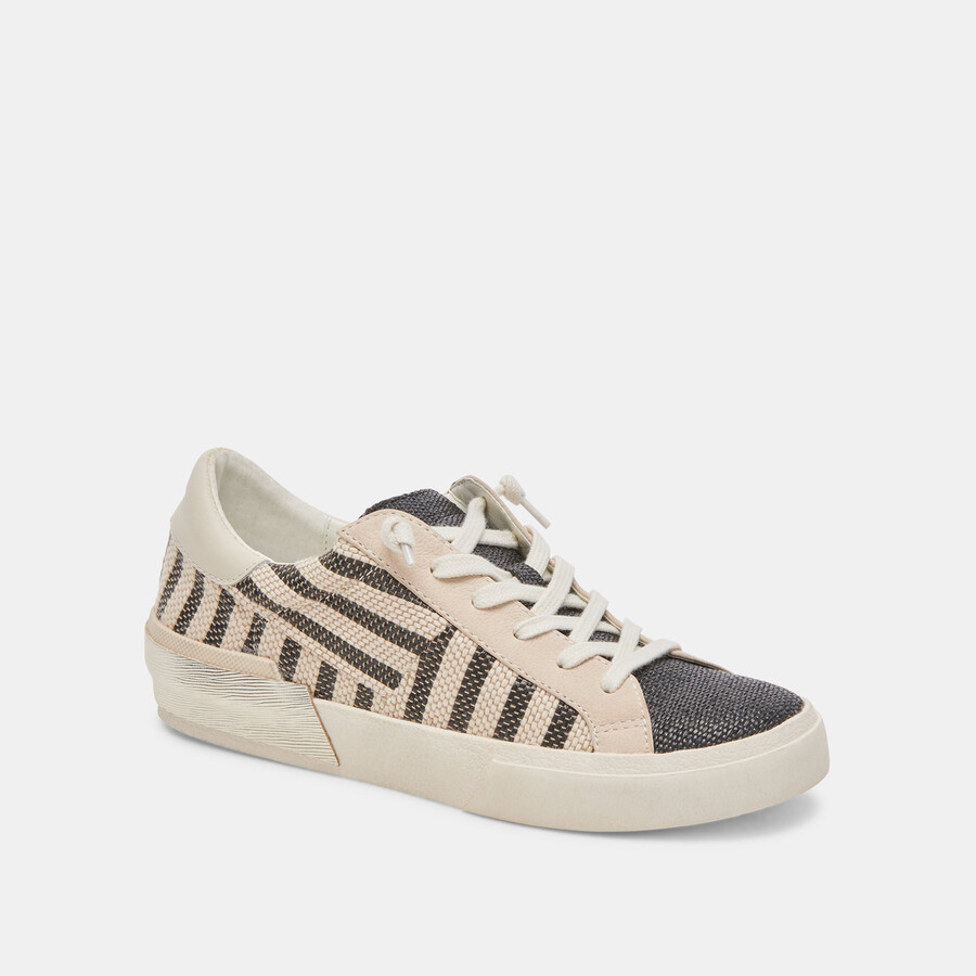 zina patch sneakers black beige raffia