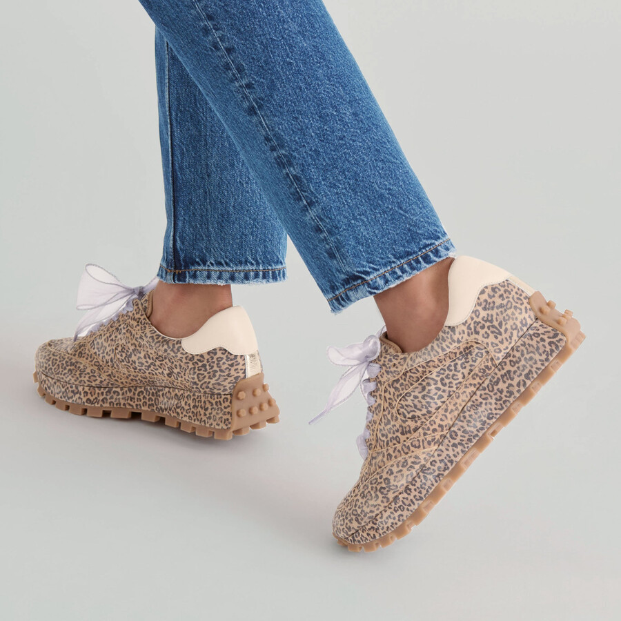 tricia sneakers tan leopard printed suede